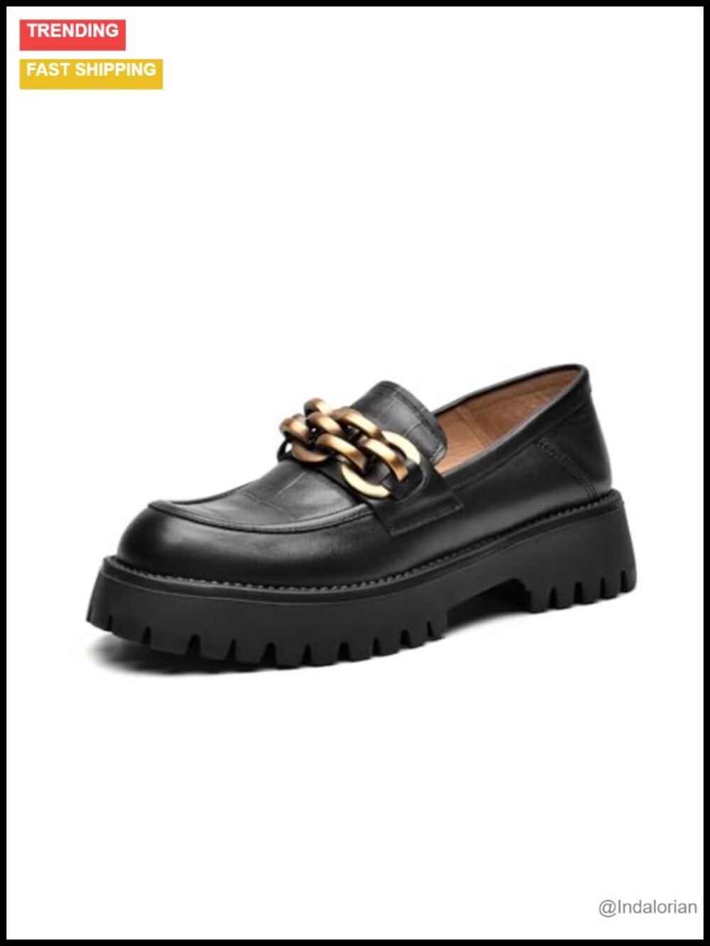 Chunky Platform Loafers Women Genuine Leather Lug Sole Slip On Chain Work Office